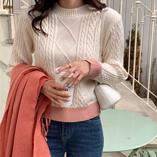 Log Simple Color Cable Round Knit