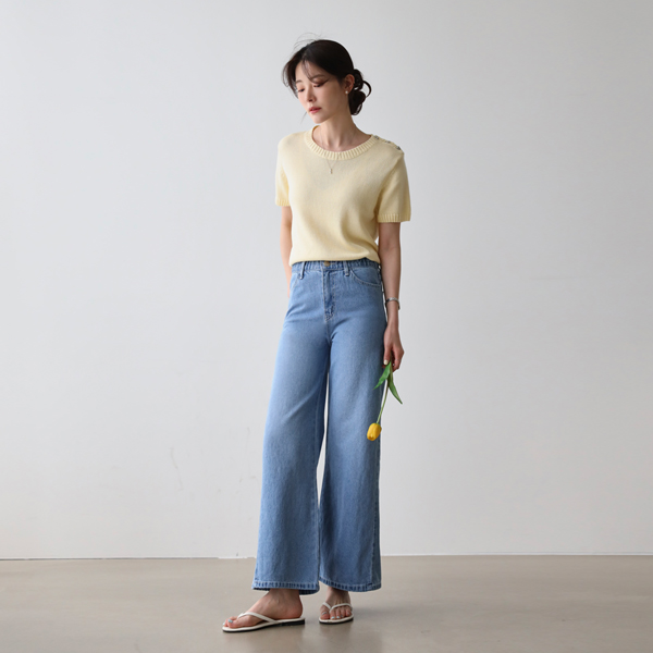 <font color="bb4b57"><b>Limited quantity SALE</b></font><br> Cut Flare Wide Denim Pants (Hidden Banding)