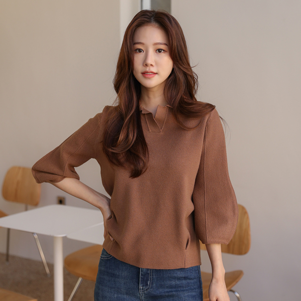 유니 핀턱 퍼프카라니트