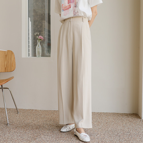 Charur Cool Linen Pin Tuck Wide Slacks (Back Band)