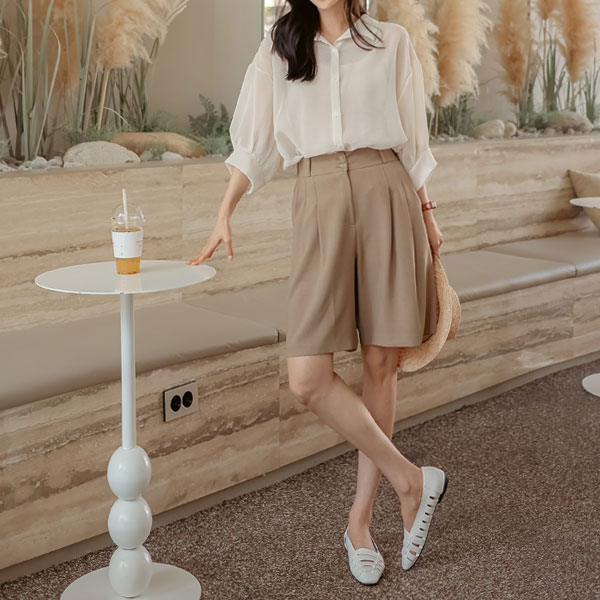 <b>[Limited Quantity SALE]</b> Charur Cool Linen Pintuck 5-part Pants (Back Band)