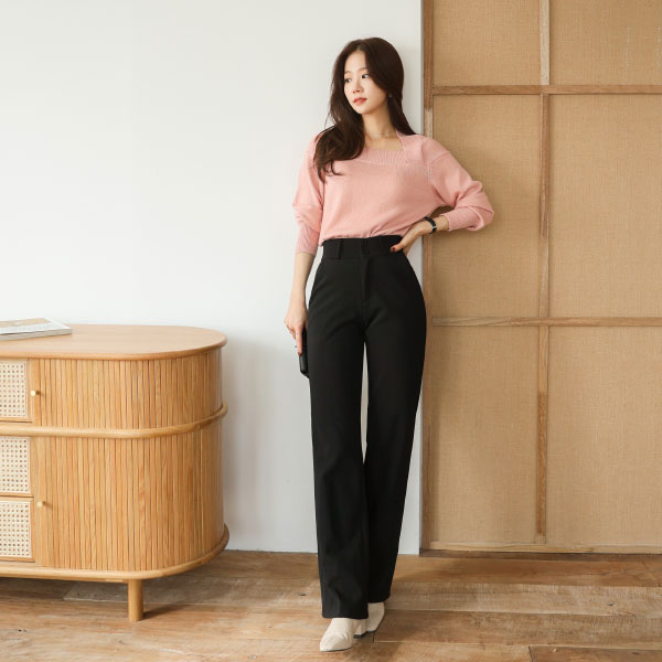 3type Two button high waist wide slacks (band waist) (lining fleece)