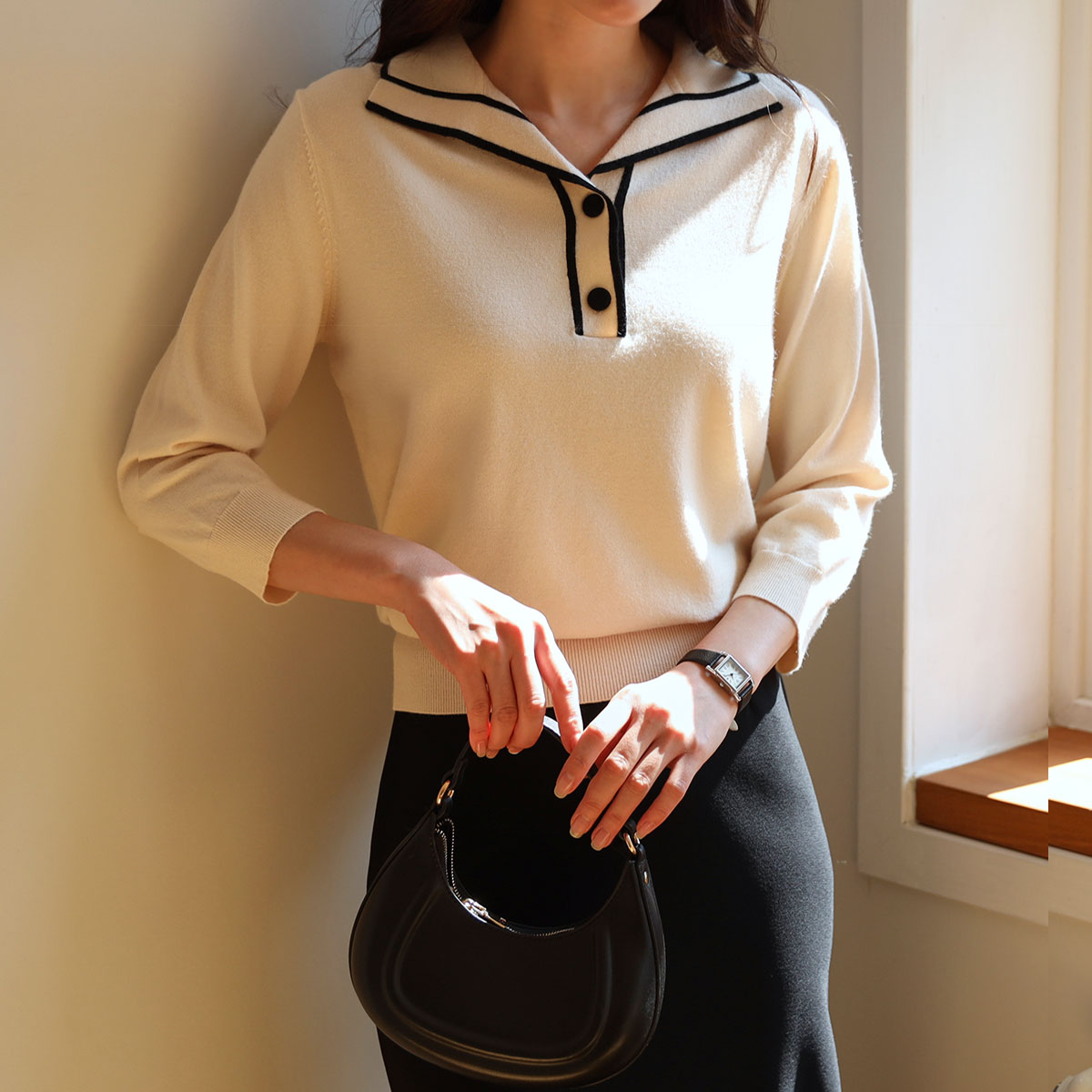 Calming color blocking collar seven-quarter knit (viscose)