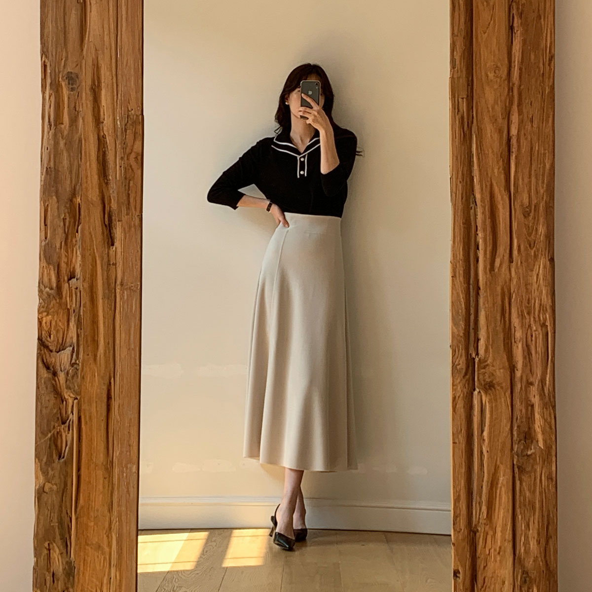 Calming color blocking collar seven-quarter knit (viscose)