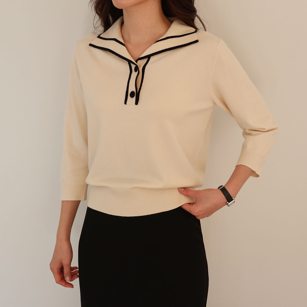 Calming color blocking collar seven-quarter knit (viscose)