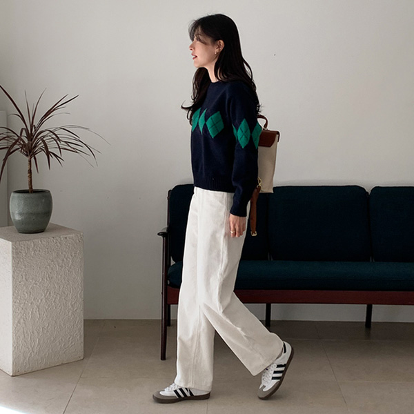 Cold wave ribbed wide pants (band waist)