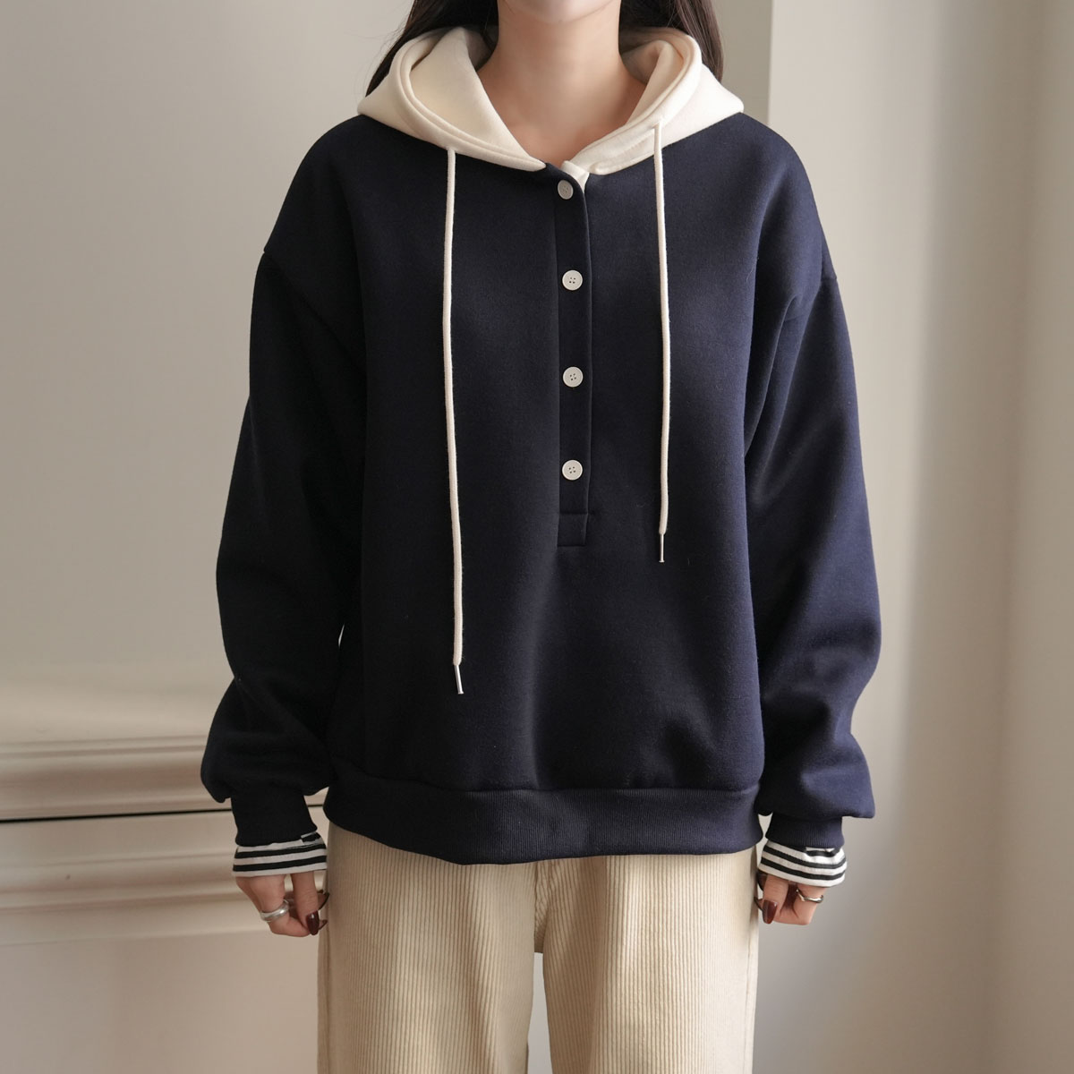 <b>[Limited Quantity SALE]</b> <b>[Made]</b> Color Block Hoodie Fleece-Lined Loose Fit T-shirt