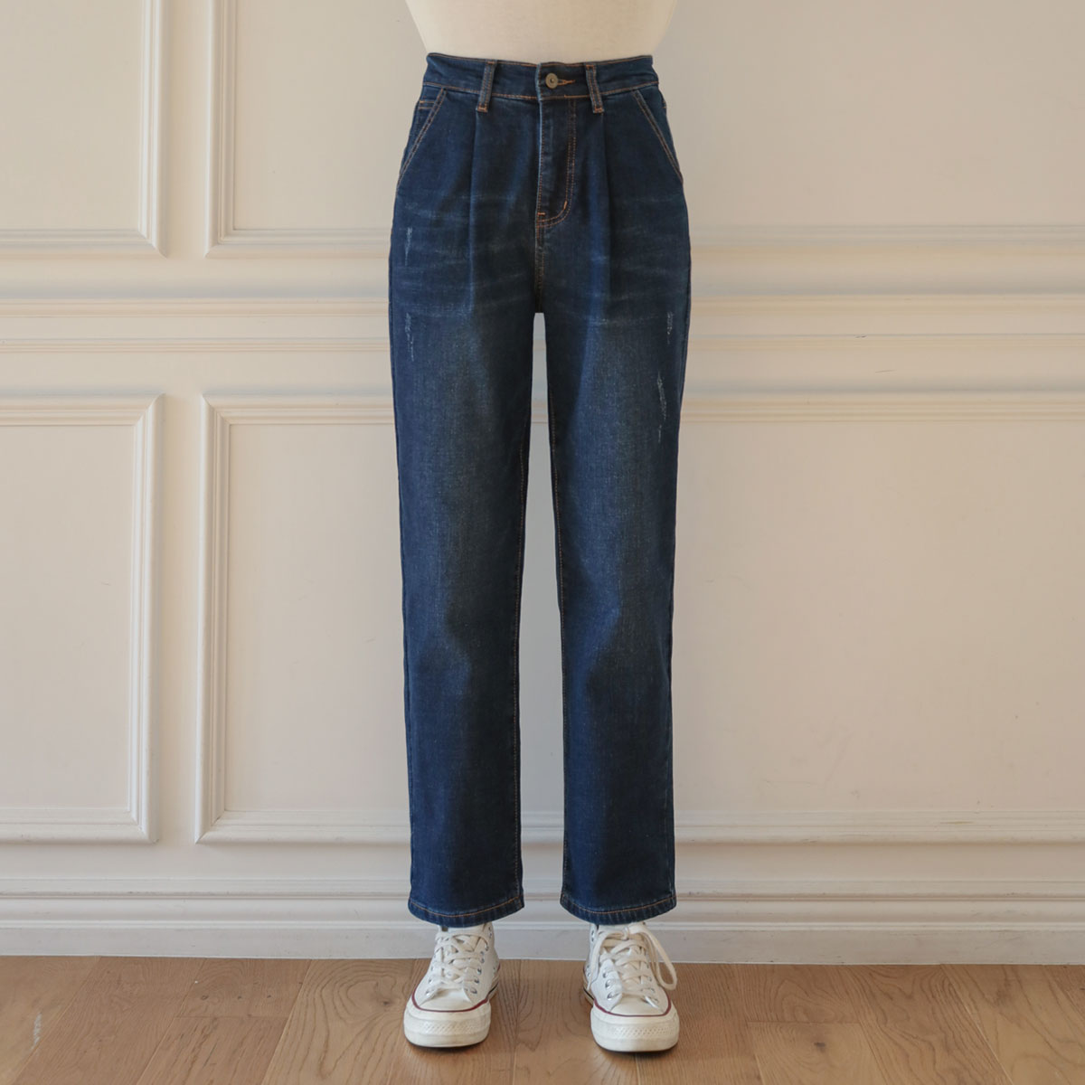 Comfortable napping pin tuck denim pants (F, L)