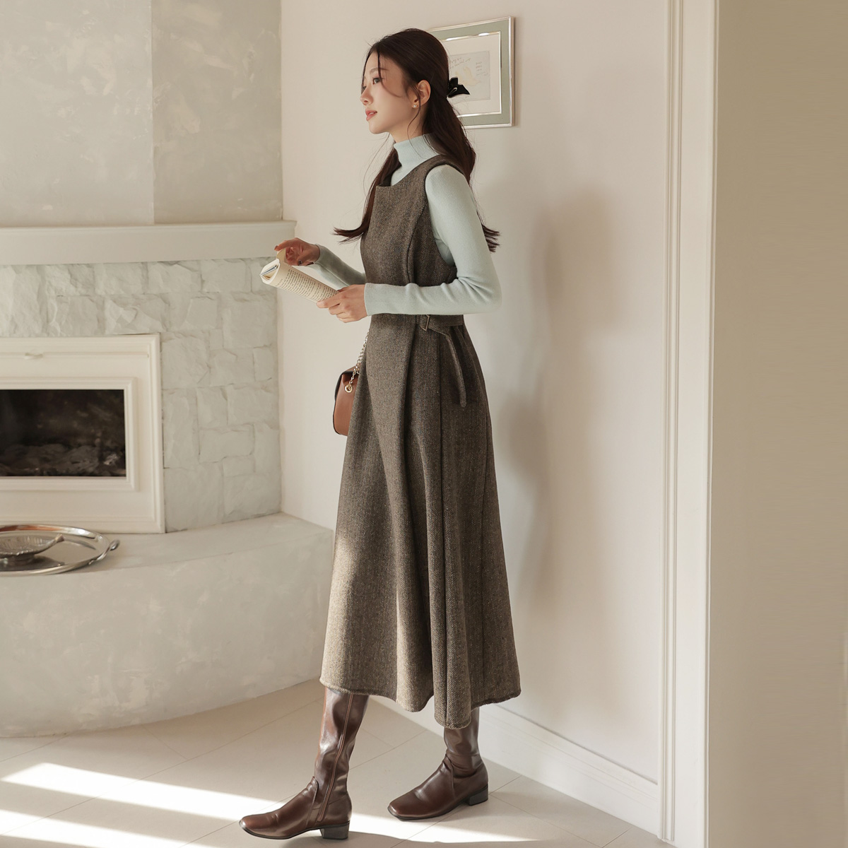 Herringbone Button Vest Dress (15% Wool)