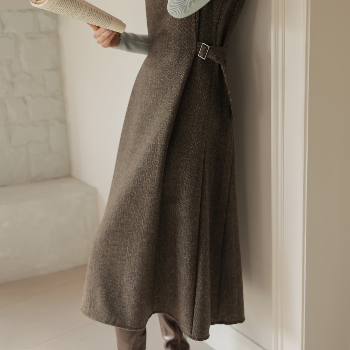 Herringbone Button Vest Dress (15% Wool)