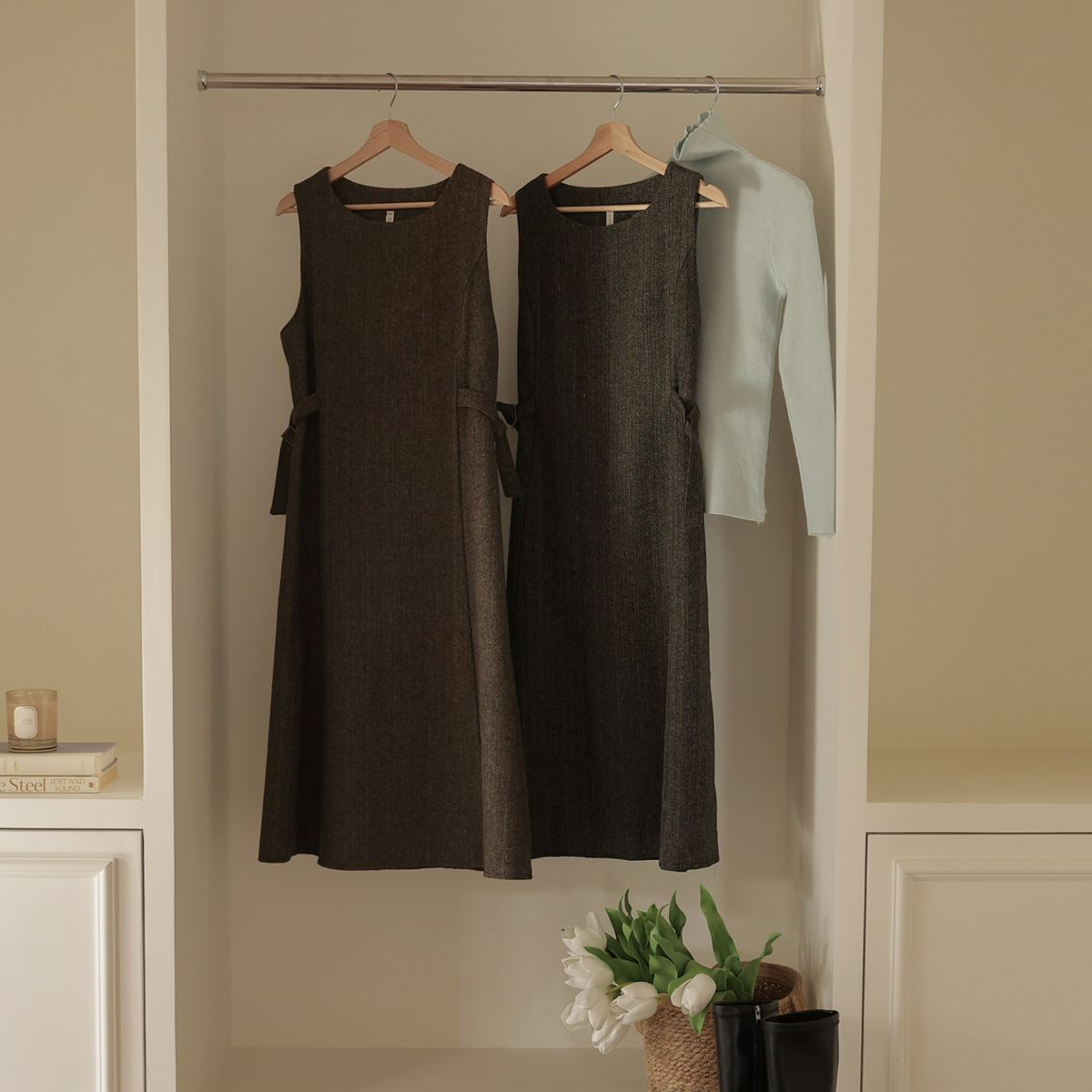 Herringbone Button Vest Dress (15% Wool)