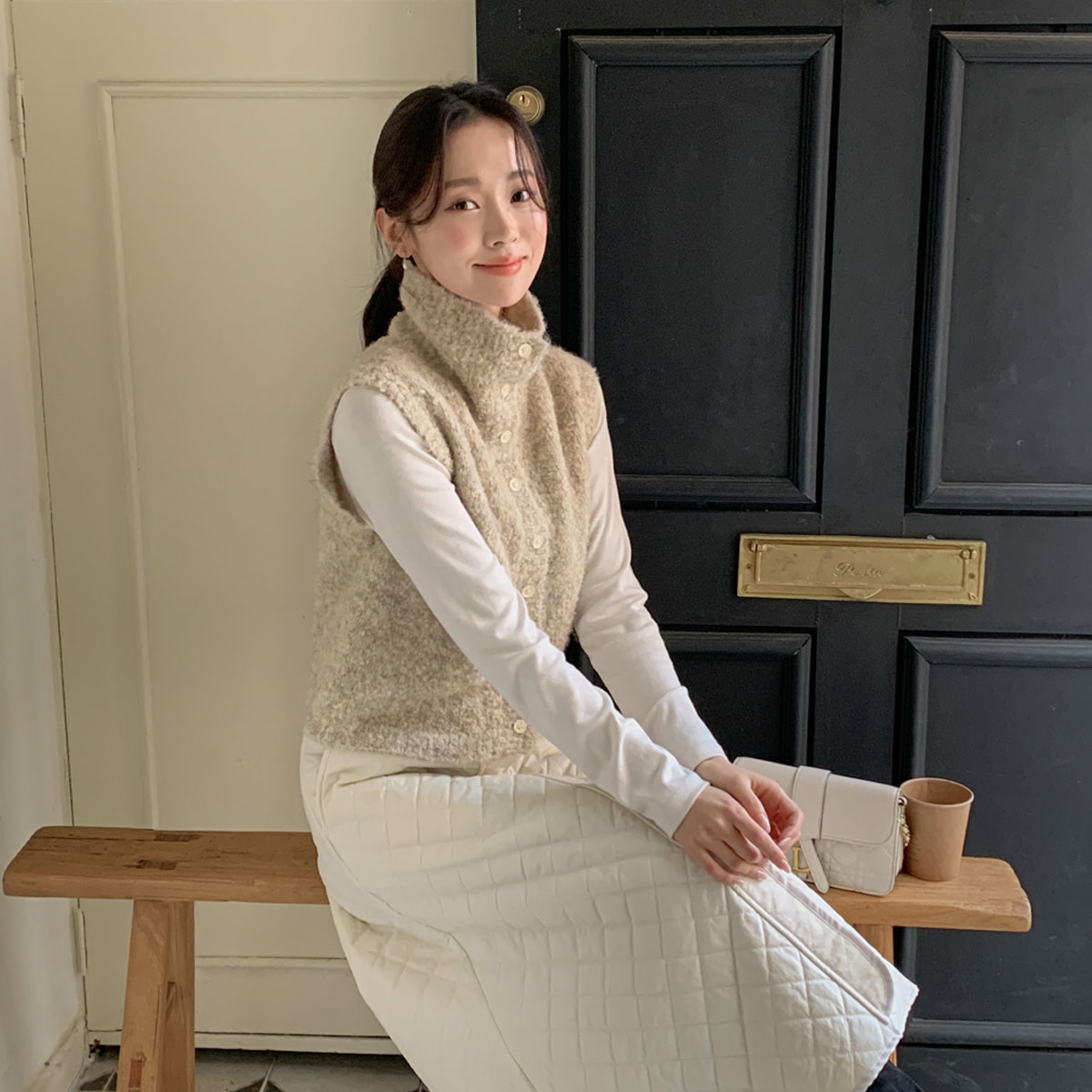 Poodle High Neck Button Knit Vest