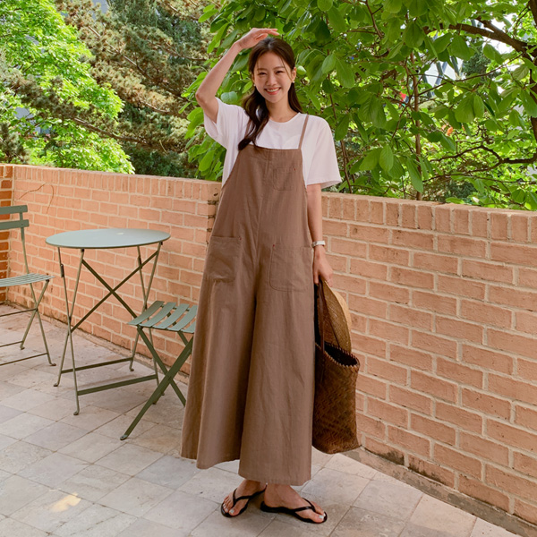 Linen-like high-inch wide jumpsuit