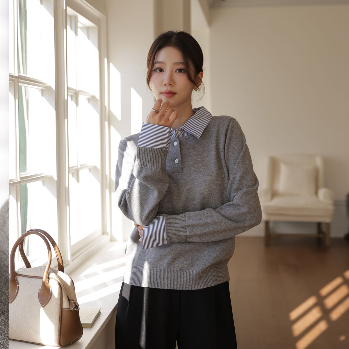 Striped combination layered shirt knit