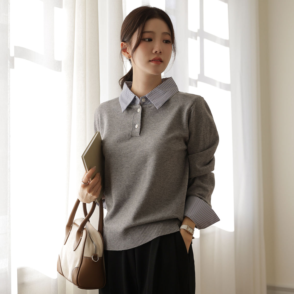 Striped combination layered shirt knit