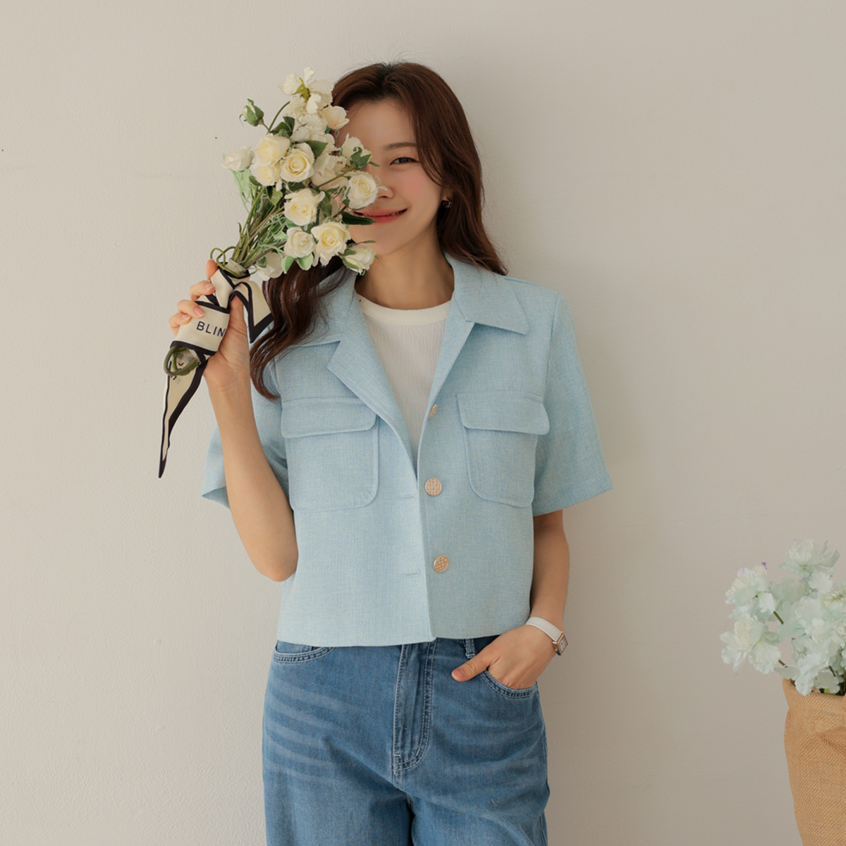 Double pocket collar tweed jacket