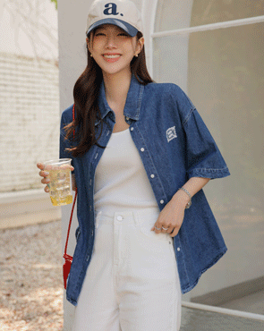 Lace Patch Short-sleeve Denim Shirt