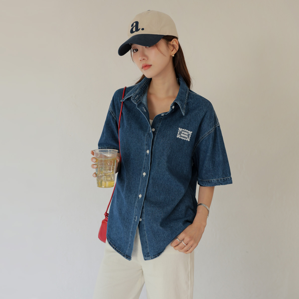 Lace Patch Short-sleeve Denim Shirt