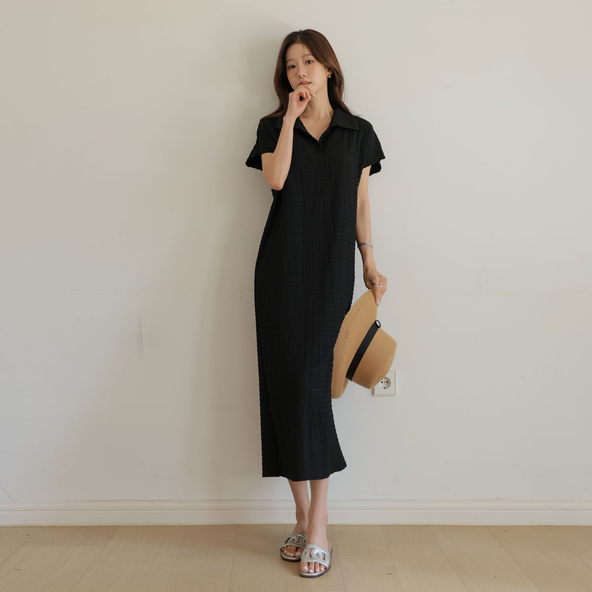 Wrinkle-free collar long one-piece dress