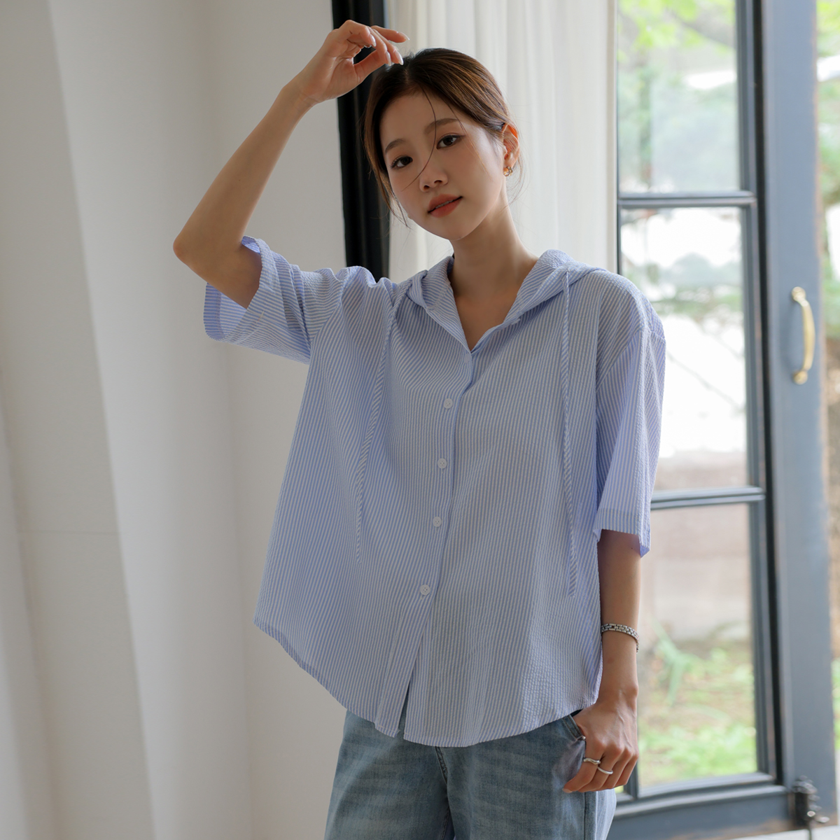 Sarangseersucker hooded shirt