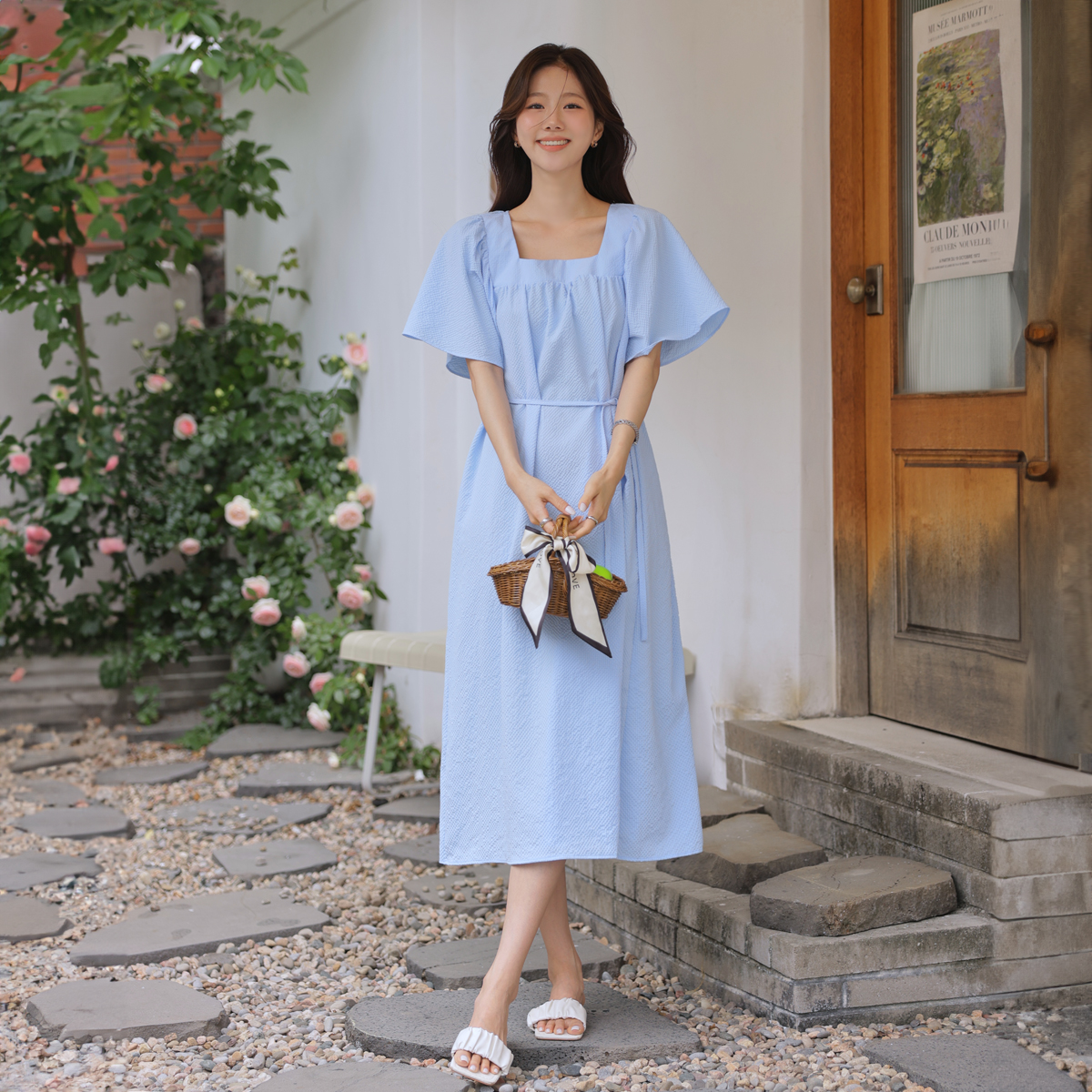 Seersucker Frill Sleeve Square One-Piece Dress