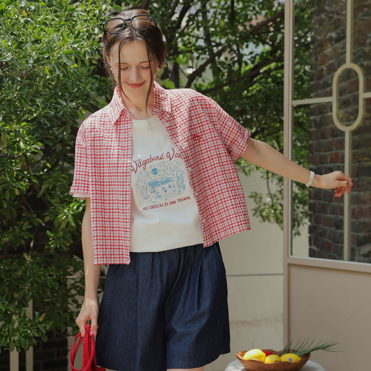 Embroidered loose fit short-sleeve check shirt