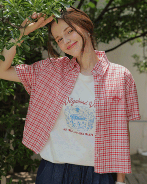 Embroidered loose fit short-sleeve check shirt