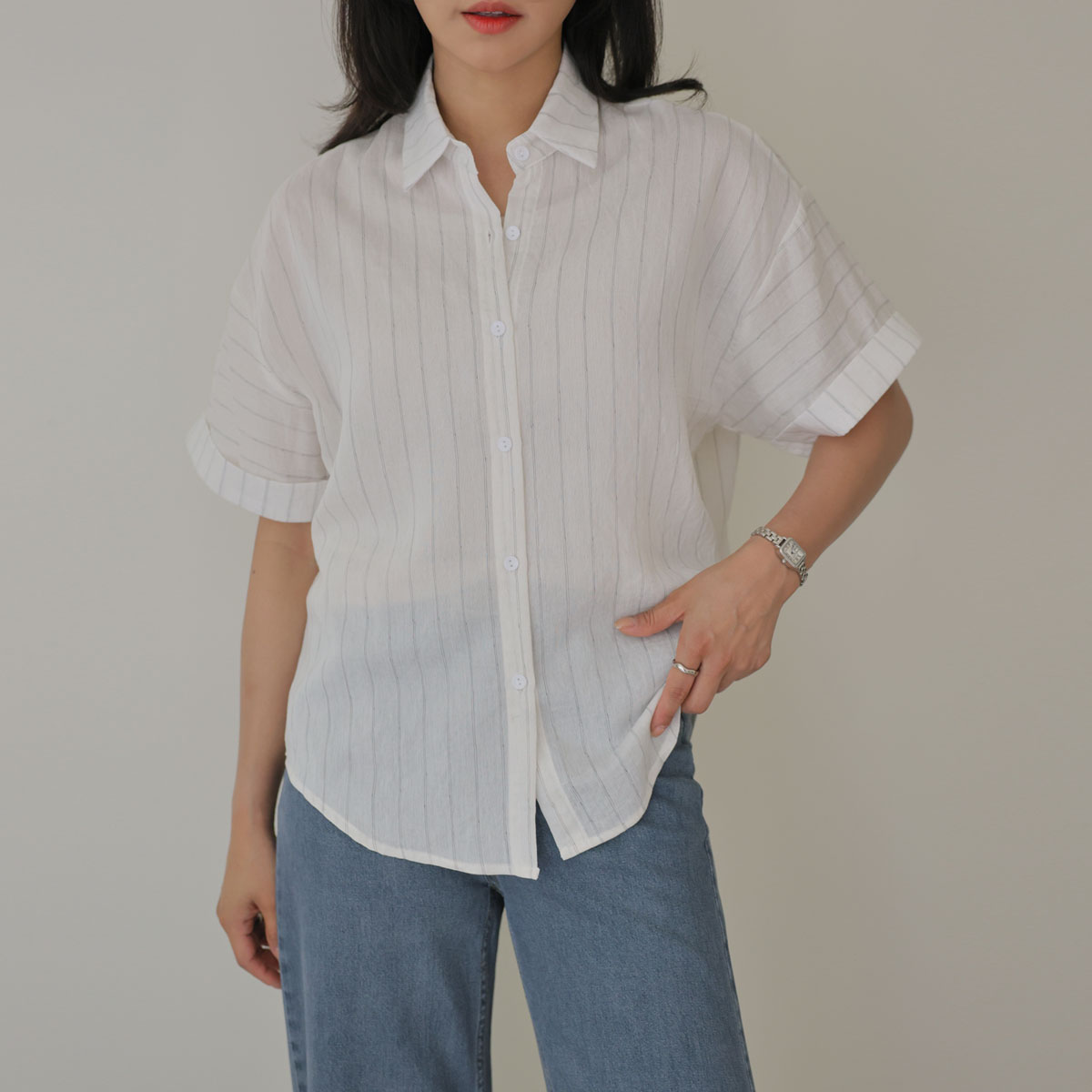 Roll-up stripe short sleeve shirt