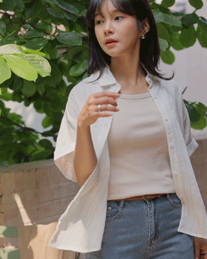 Roll-up stripe short sleeve shirt