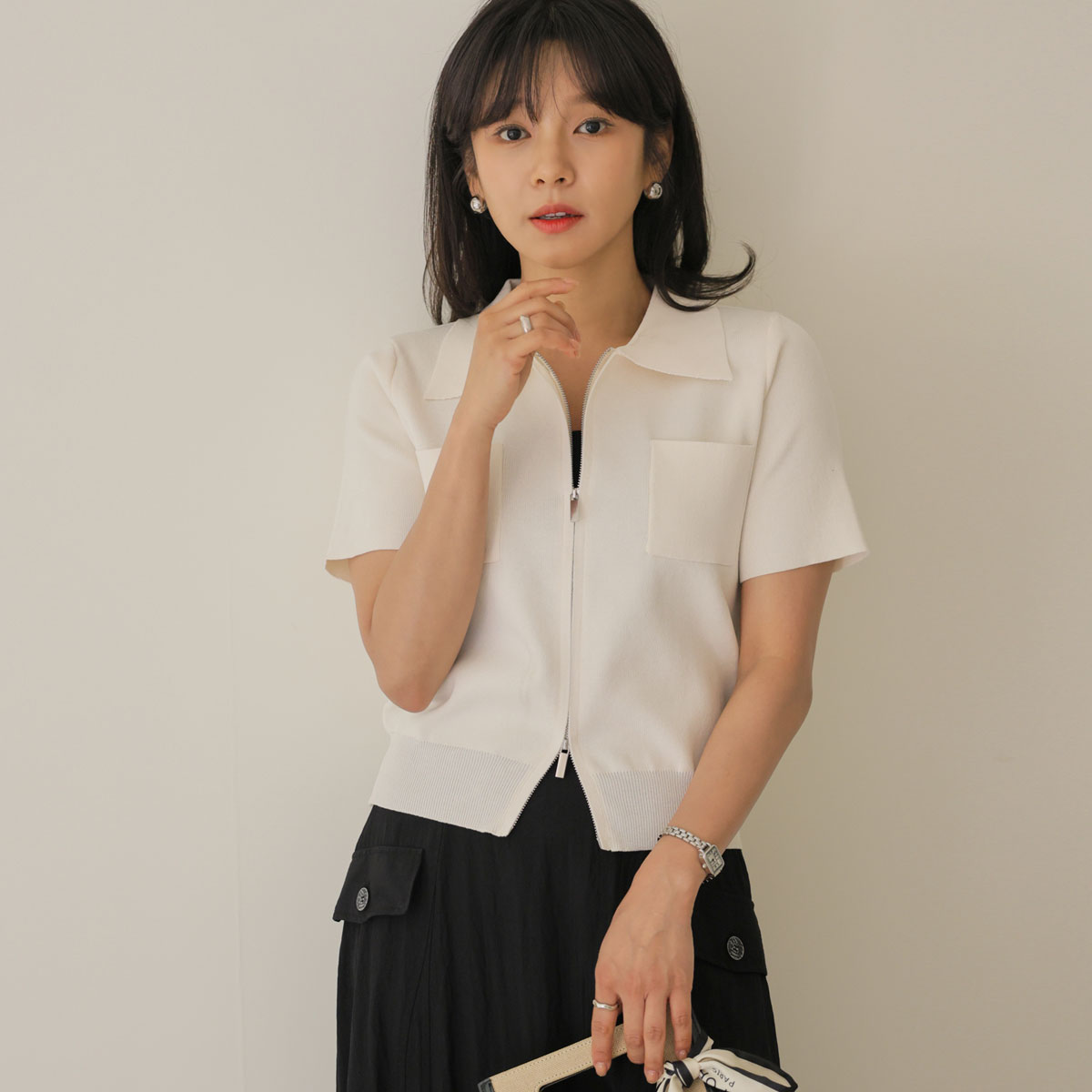 Two-pocket two-way zip-up cardigan