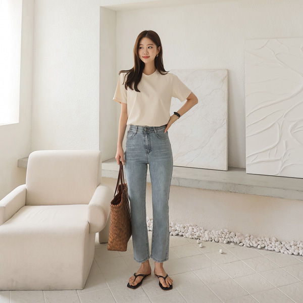 3TYPE Cool Grayish Straight Denim Pants (S-2XL) (Band Waist)