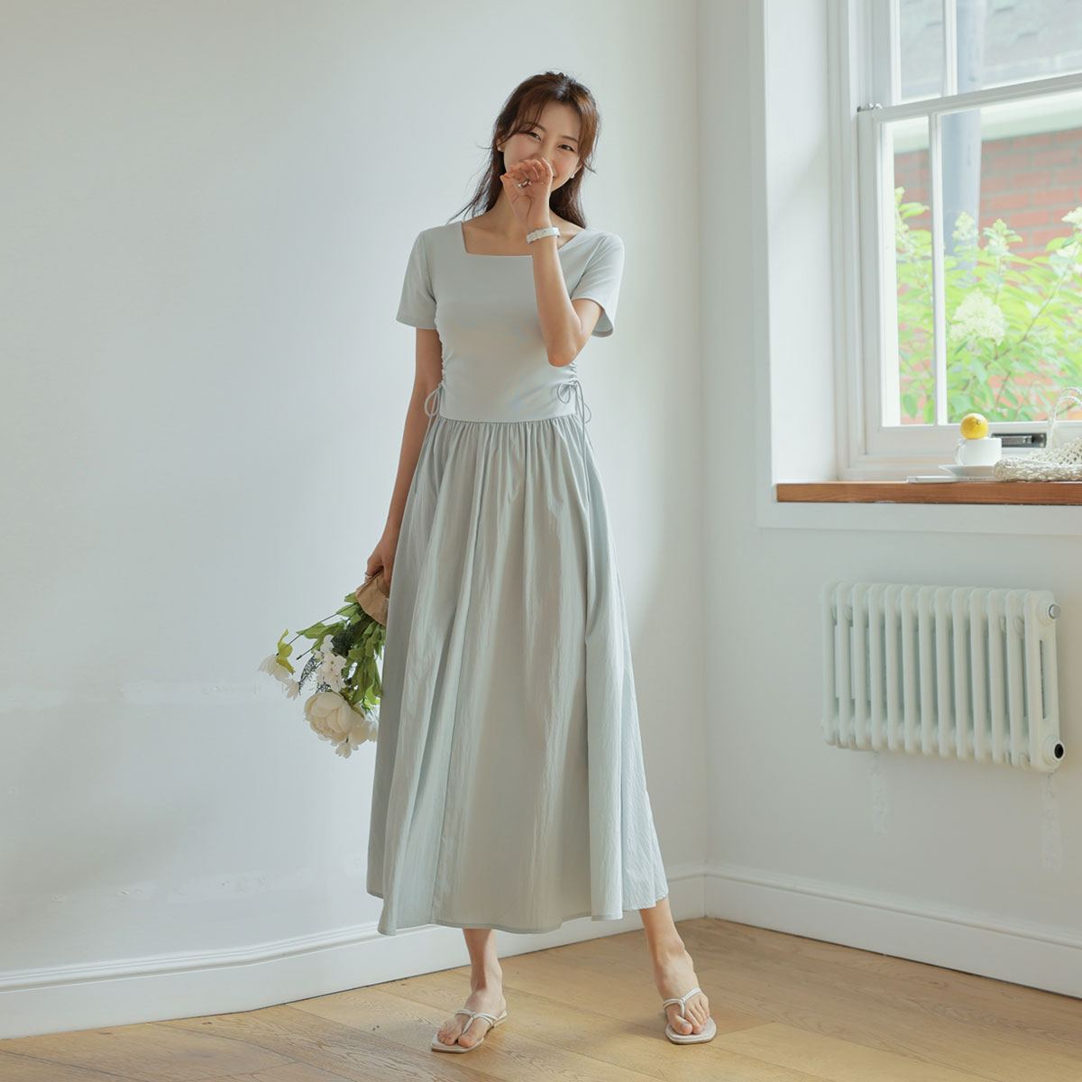 Heaven shirring ribbon flare one-piece