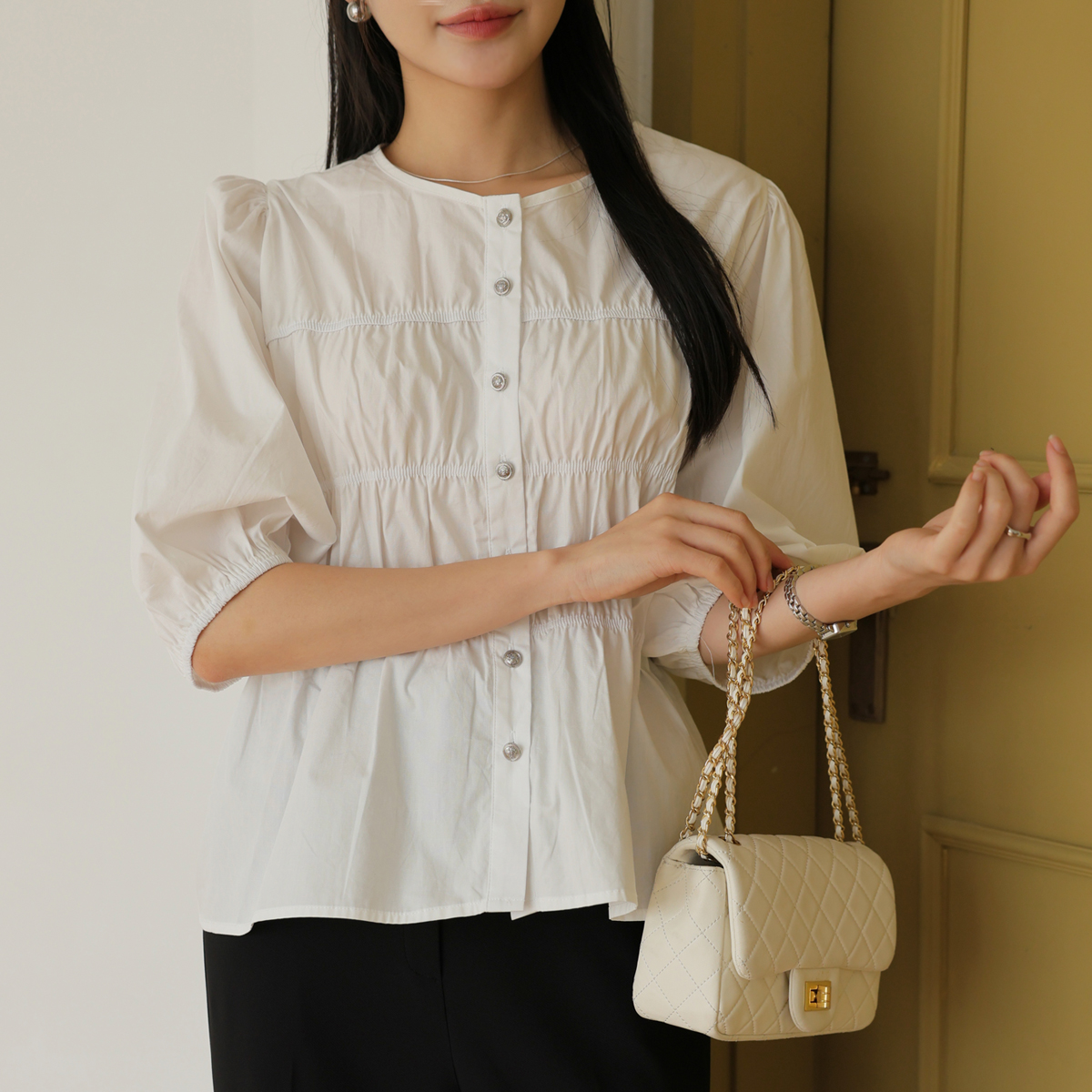 Laura Button Shirring Blouse