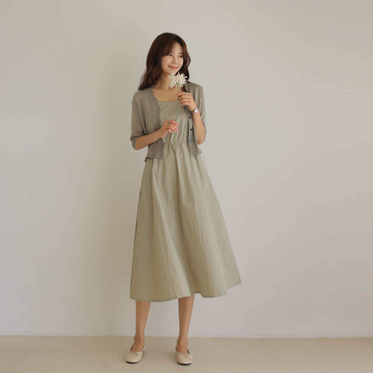 Cardigan set flare one-piece