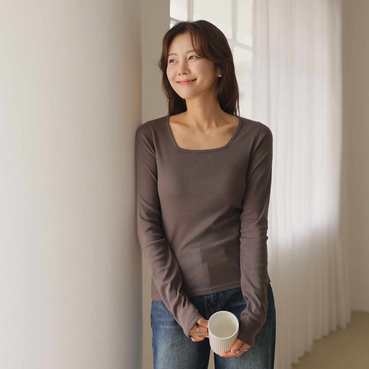 Slim Fit Square Neck Long Sleeve T-Shirt