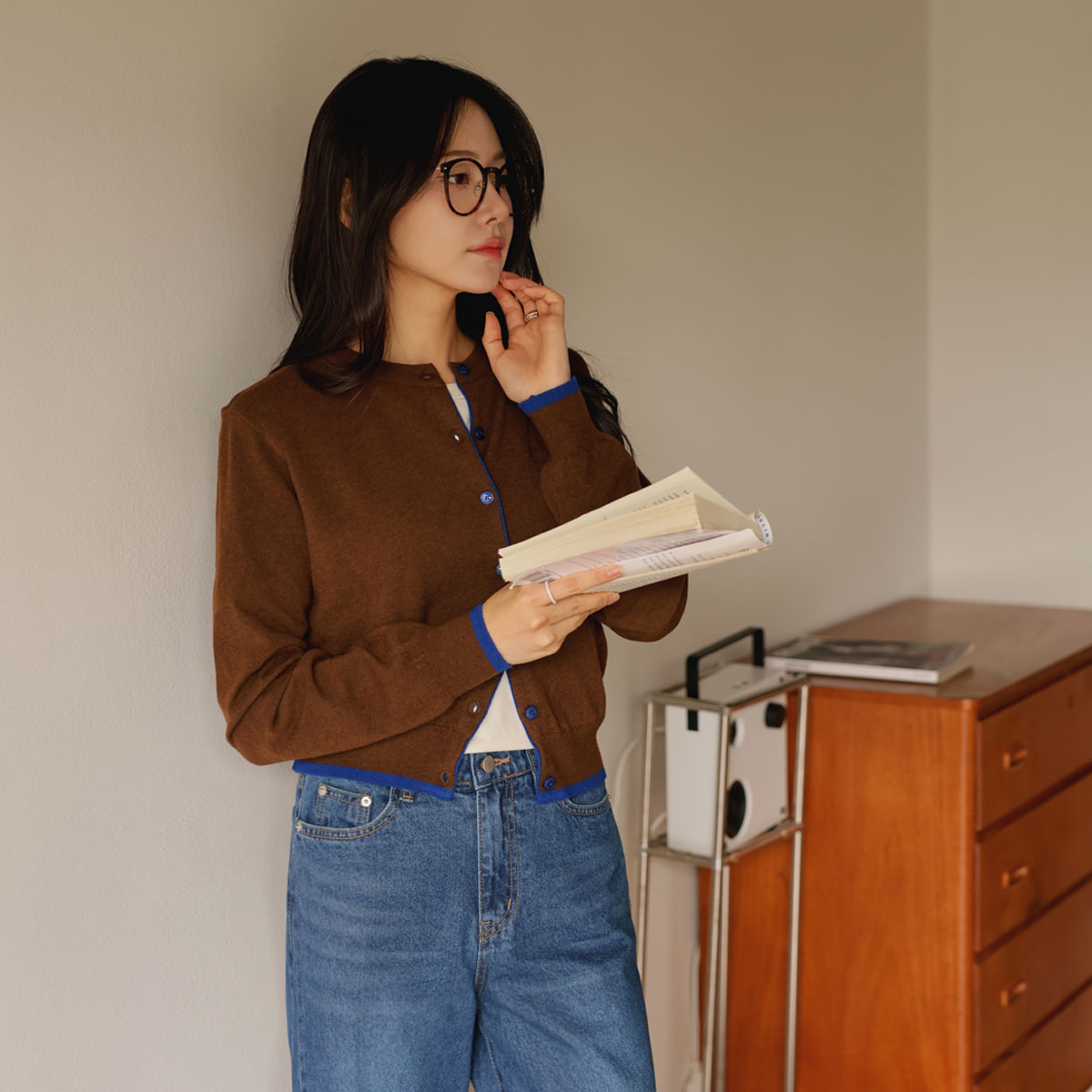Beni button two-tone knit cardigan
