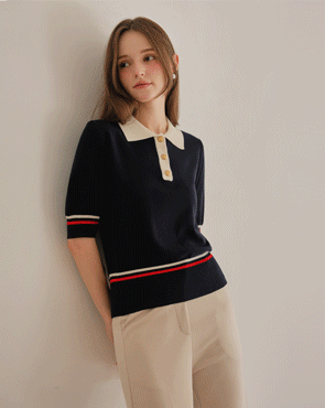 Color blocking single-breasted collar knit