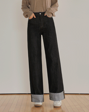 Non-fade roll-up raw denim wide pants