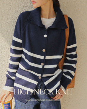 Snap high neck striped knit