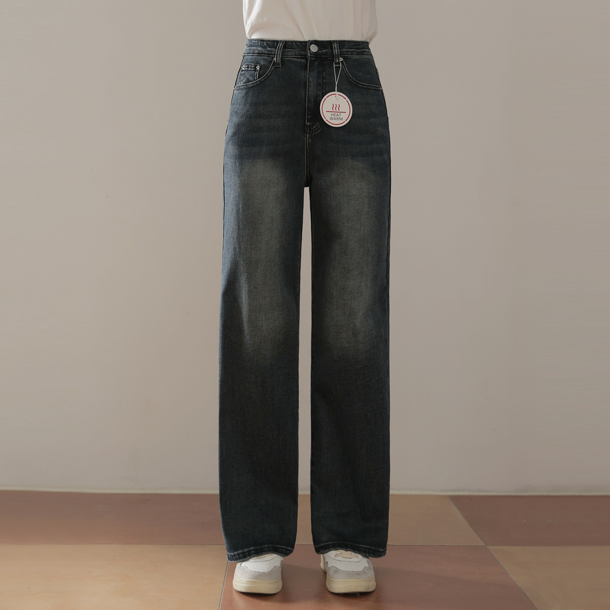 3-type heat-generating fleece-lined, firm tension wide denim pants (functional material)