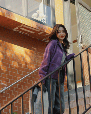 Hairy high-neck button cardigan knit