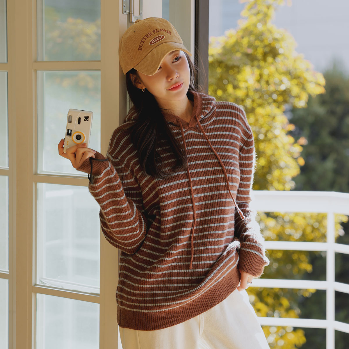 Mint chocolate single-breasted hooded knit