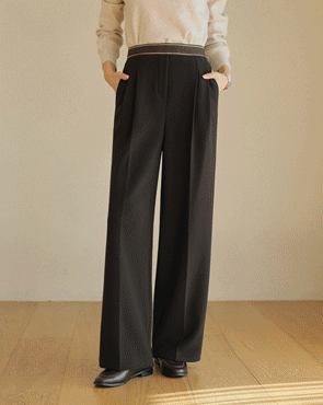 Lettering Shine Banding Pin Tuck Fleece Wide Slacks