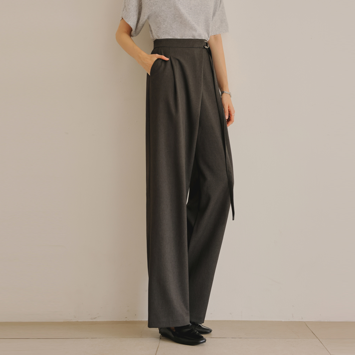 Buckle belt wrap wide slacks pants