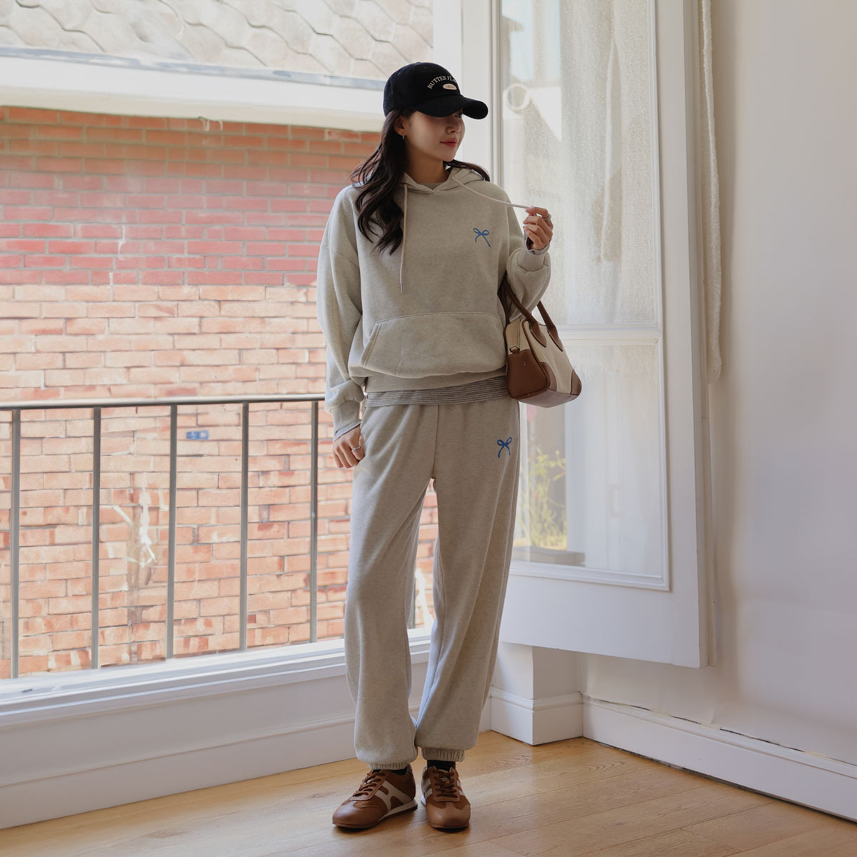 Ribbon hood napping top and bottom set