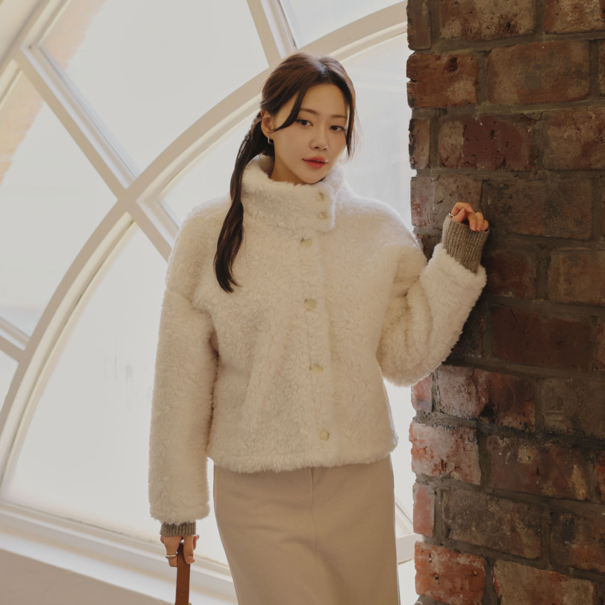 Milk high-neck fur jacket