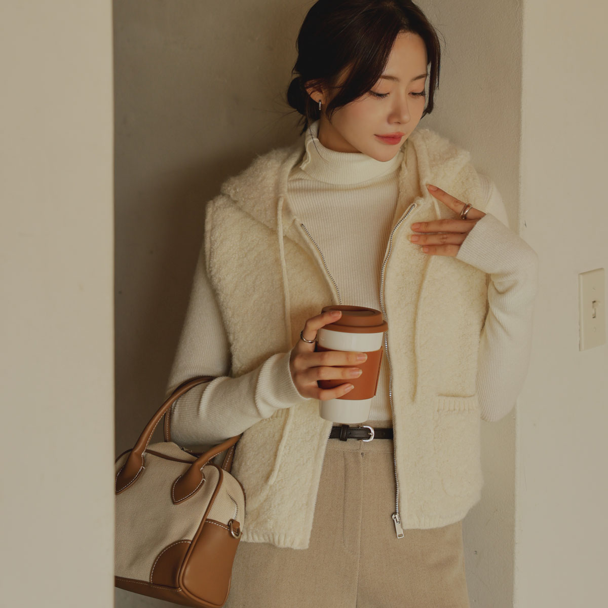 Buckle Pocket Hoodies Zip Up Knit Vest