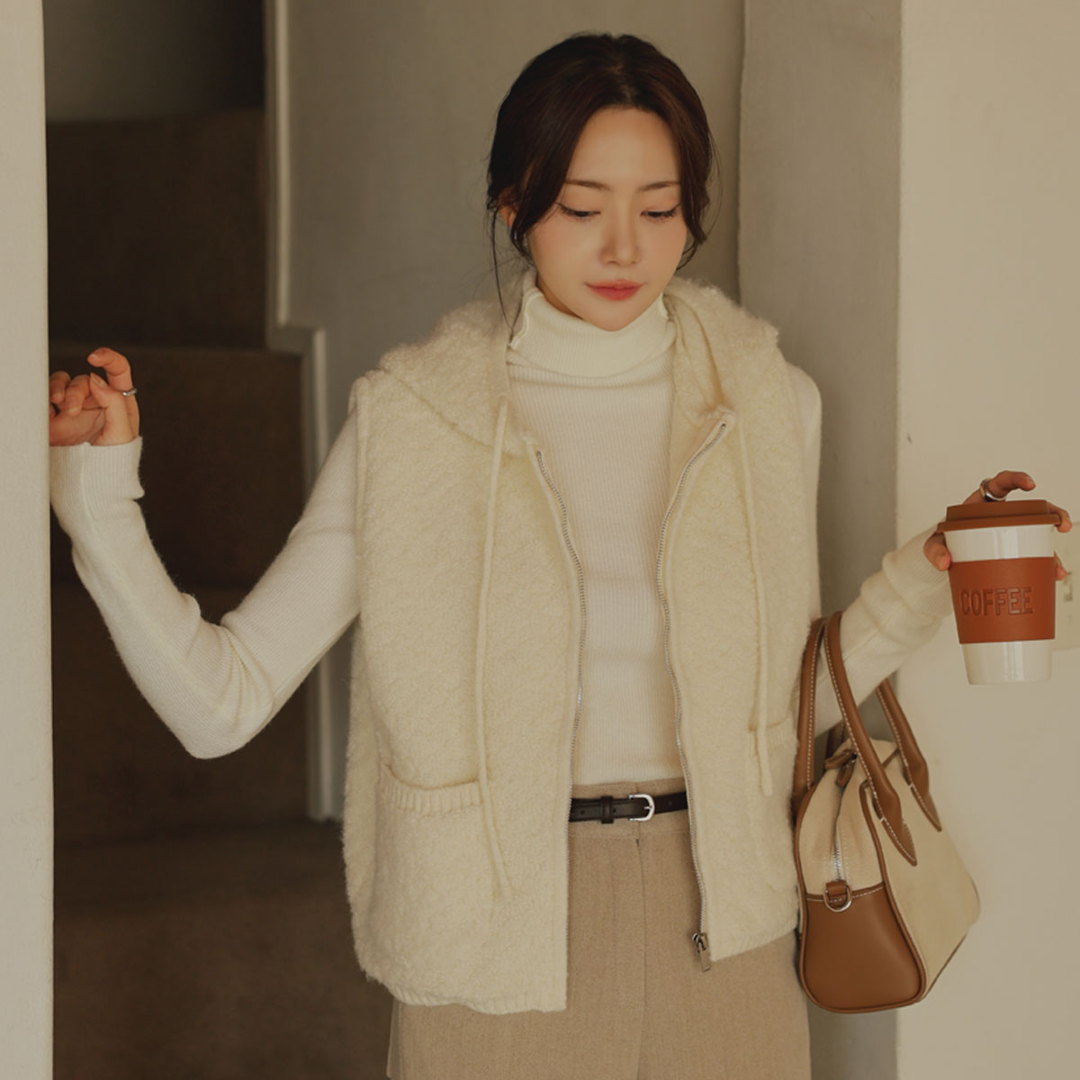 Buckle Pocket Hoodies Zip Up Knit Vest