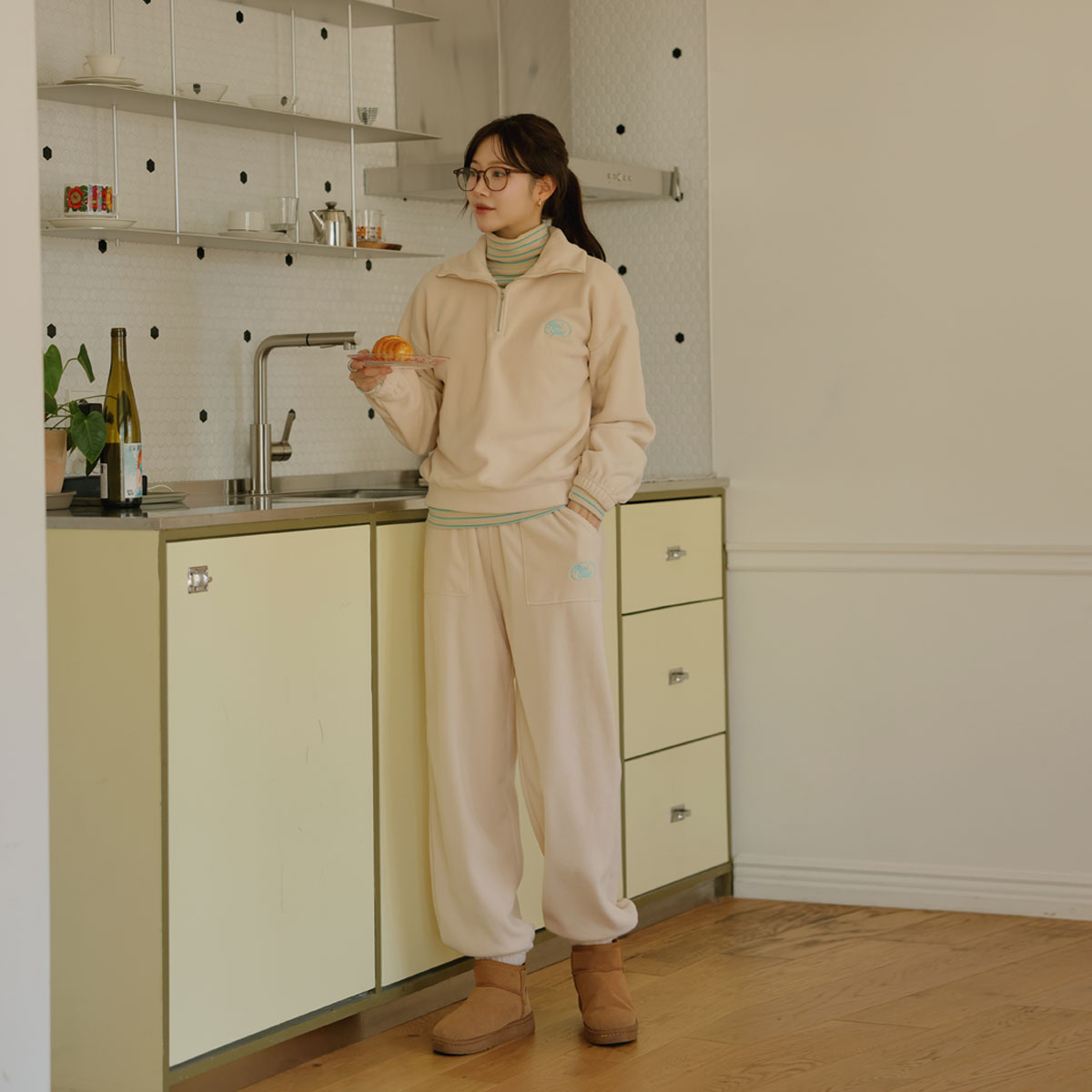 Camping fleece half-zip top and bottom set