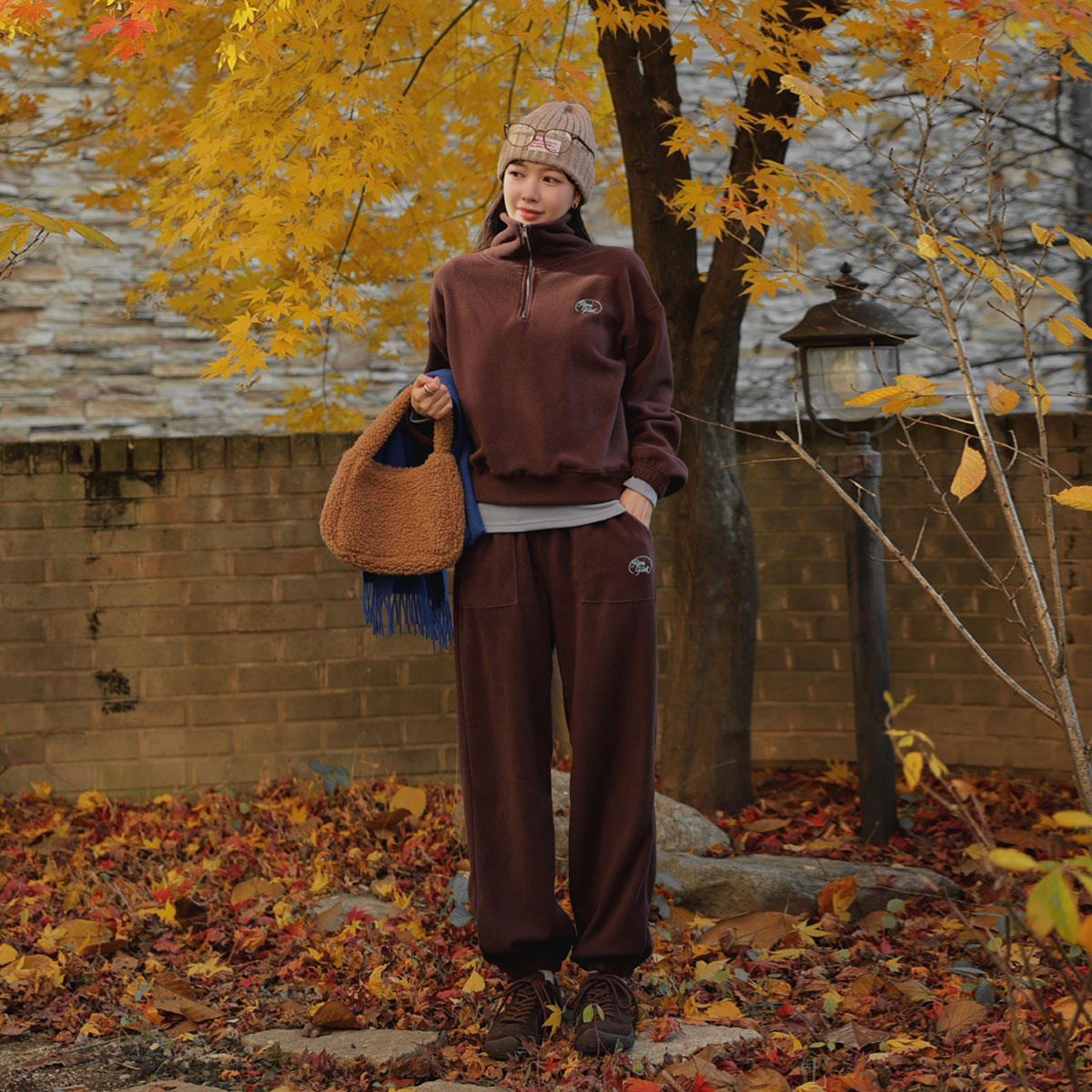 Camping fleece half-zip top and bottom set